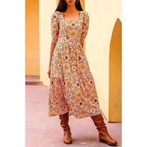 Beyond by Vera Rust Pietra Dura Block Print Midi Cotton Fall Tie Waist Dress
